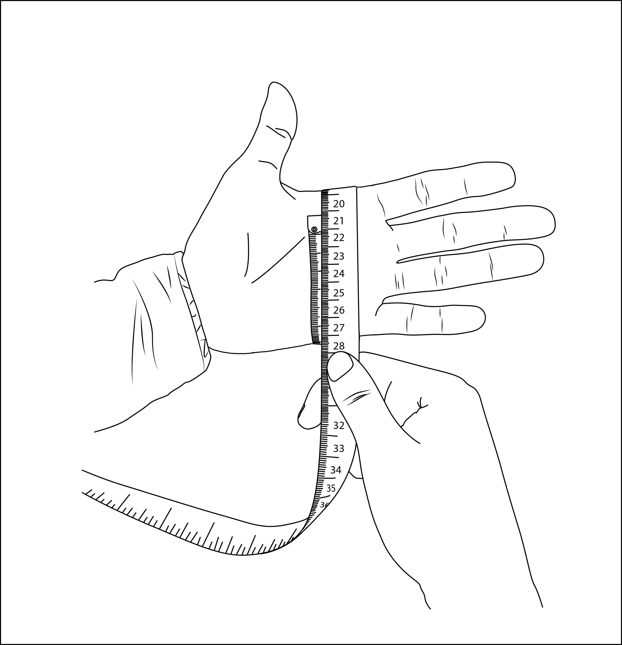 How to measure: wrap a tape measure around the palm of your dominant hand at its widest point, just below the knuckles and excluding the thumb.